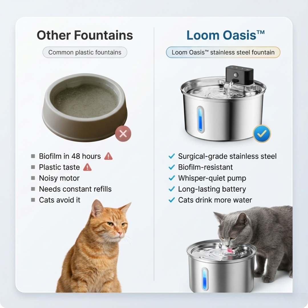 Comparison chart of different pet water fountains, highlighting the Loom Oasis stainless steel fountain.