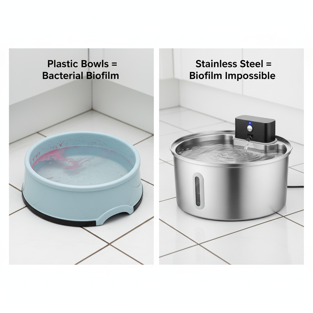 Comparison of plastic and stainless steel pet bowls on a tiled floor.