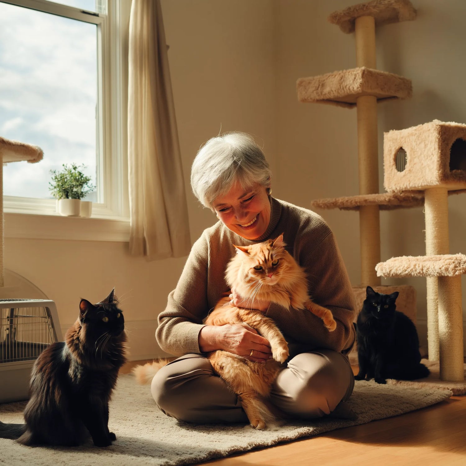 Woman sitting on a rug with three cats in a room with a cat tree.